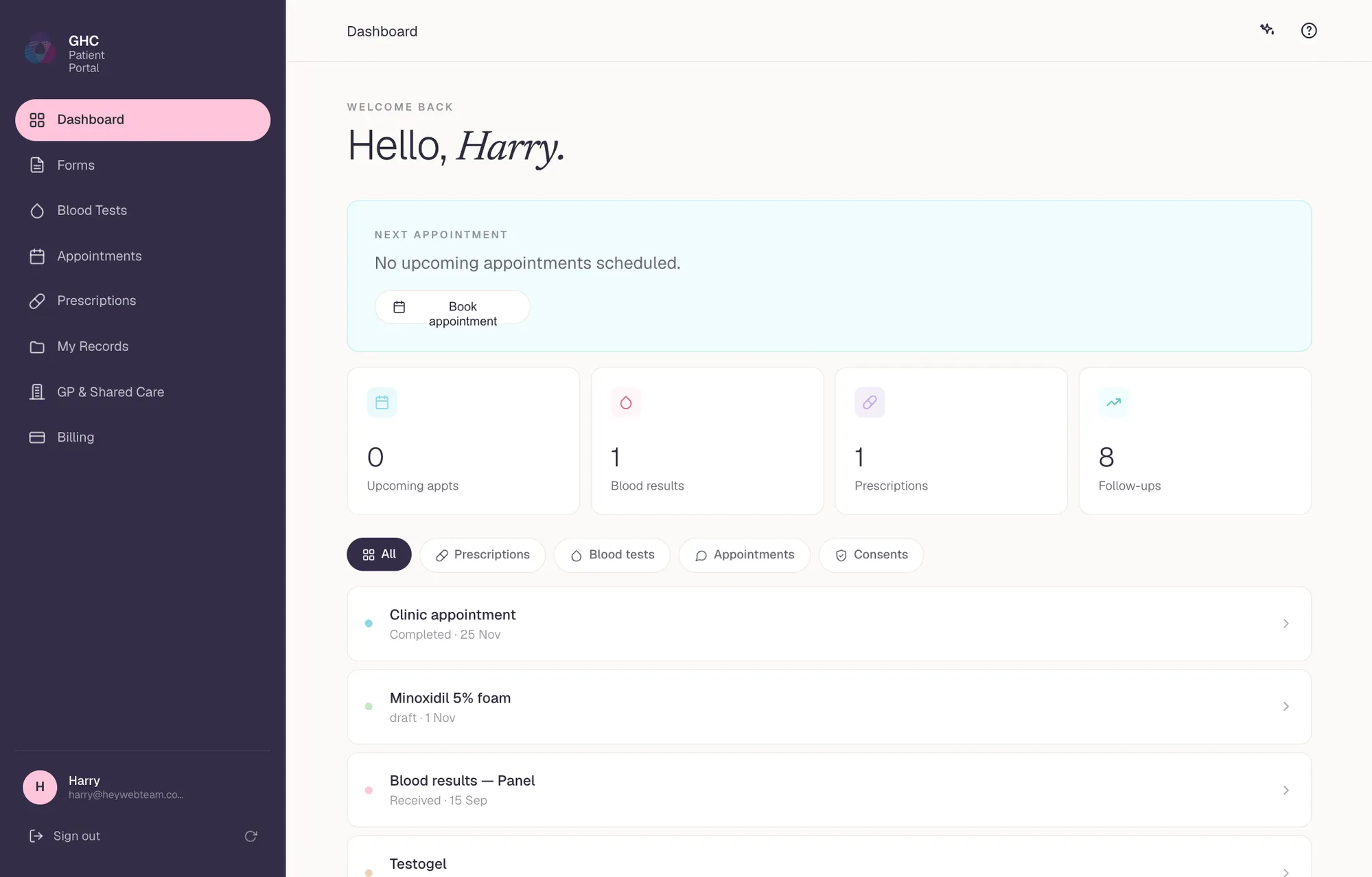 GHC Patient Portal, Dashboard